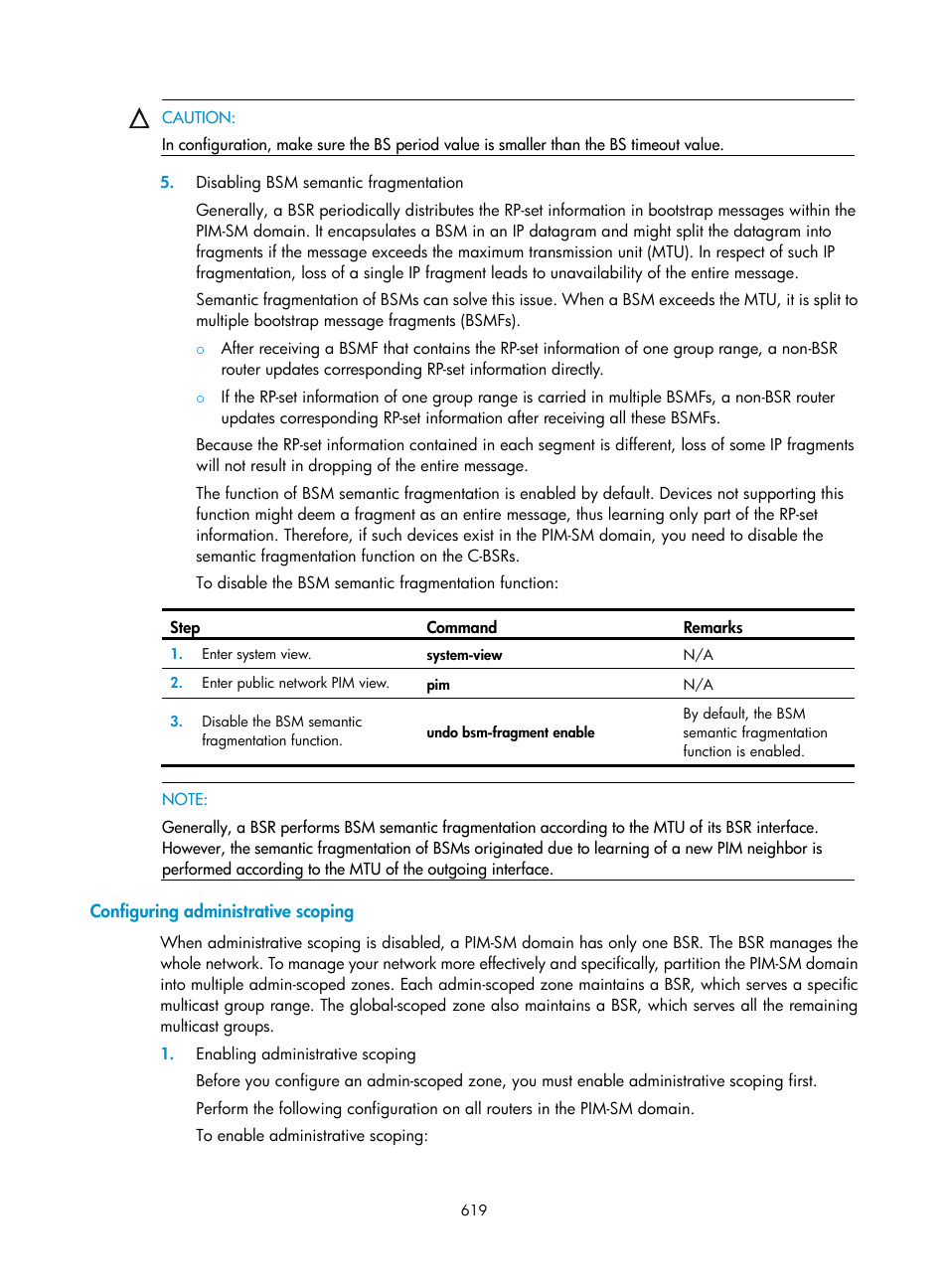 Configuring administrative scoping, Disabling bsm semantic fragmentation, Enabling administrative scoping | H3C Technologies H3C SecPath F1000-E User Manual | Page 644 / 967