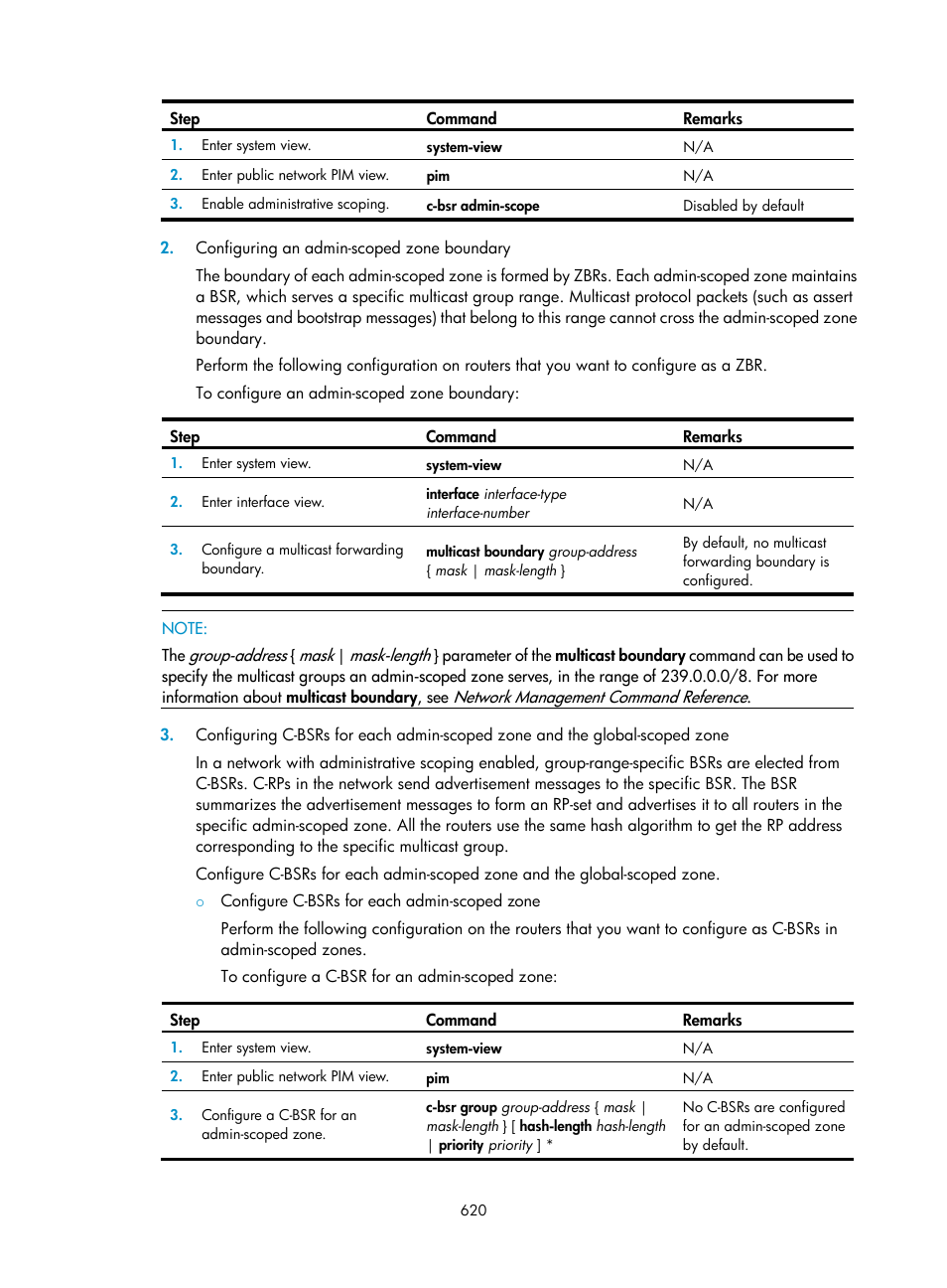 Configuring an admin-scoped zone boundary, Configuring c-bsrs for each admin-scoped, Zone and the global-scoped zone | H3C Technologies H3C SecPath F1000-E User Manual | Page 645 / 967