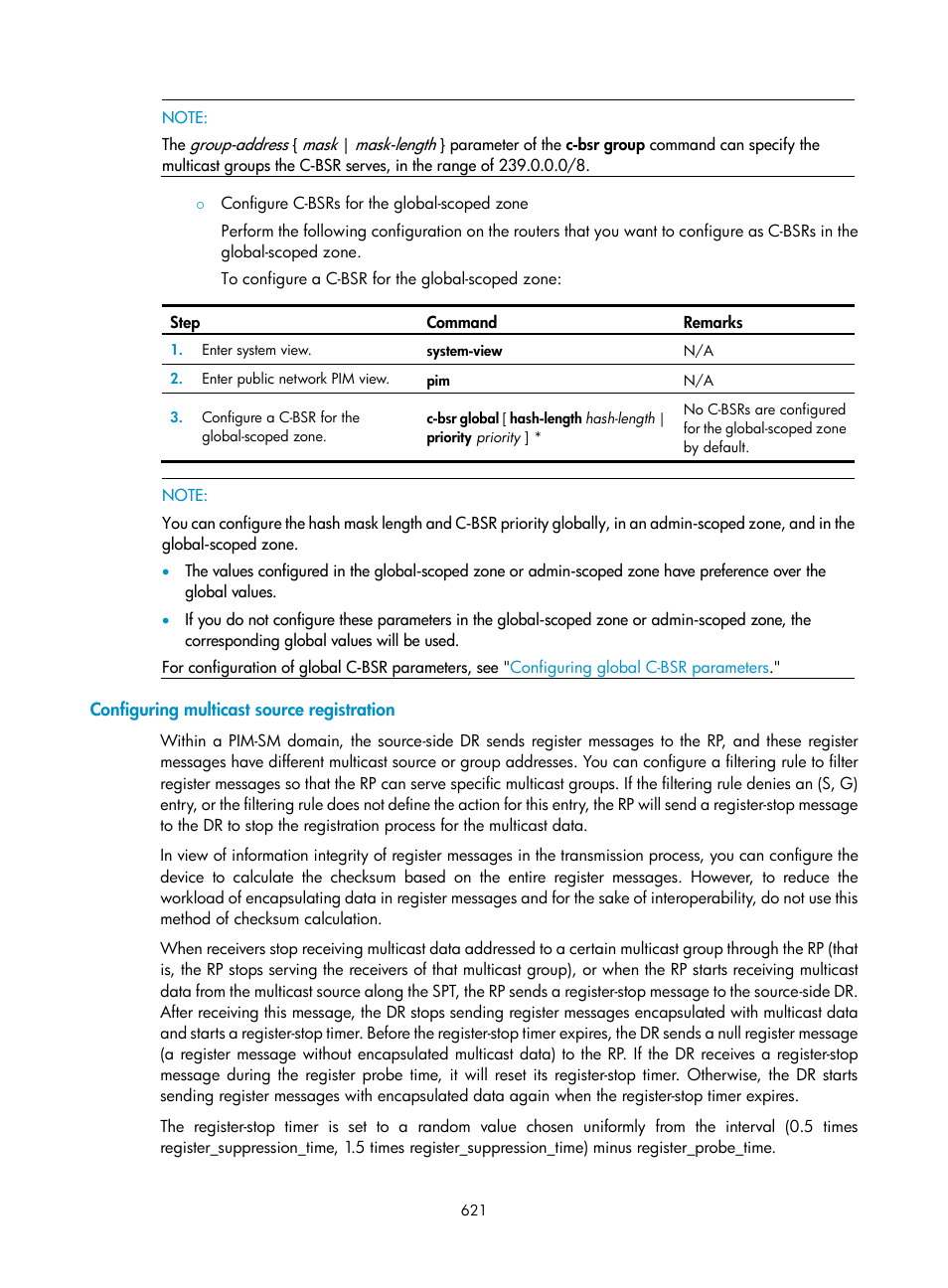 Configuring multicast source registration | H3C Technologies H3C SecPath F1000-E User Manual | Page 646 / 967