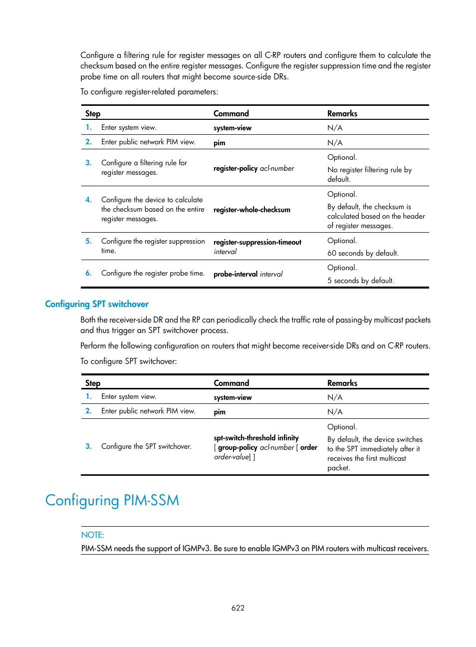 Configuring spt switchover, Configuring pim-ssm | H3C Technologies H3C SecPath F1000-E User Manual | Page 647 / 967