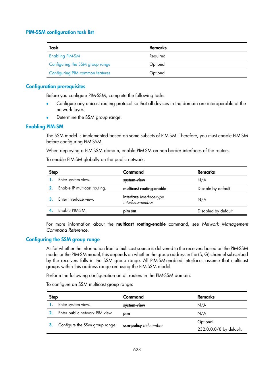 Pim-ssm configuration task list, Configuration prerequisites, Enabling pim-sm | Configuring the ssm group range | H3C Technologies H3C SecPath F1000-E User Manual | Page 648 / 967