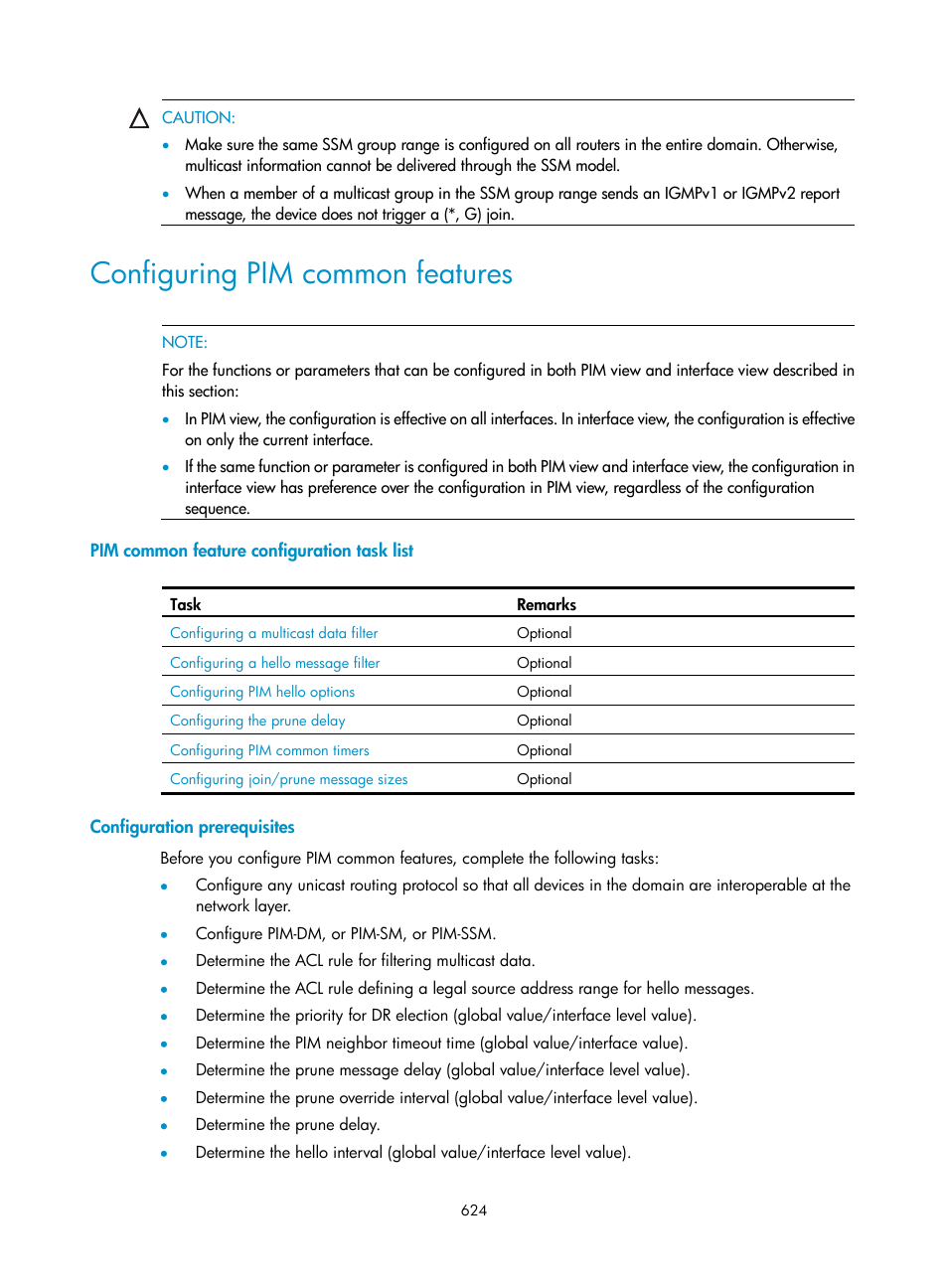 Configuring pim common features, Pim common feature configuration task list, Configuration prerequisites | H3C Technologies H3C SecPath F1000-E User Manual | Page 649 / 967