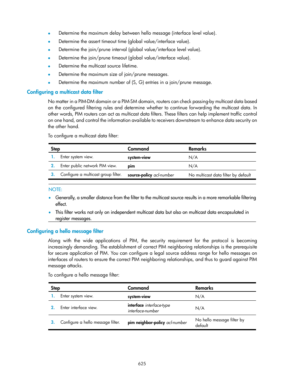 Configuring a multicast data filter, Configuring a hello message filter | H3C Technologies H3C SecPath F1000-E User Manual | Page 650 / 967