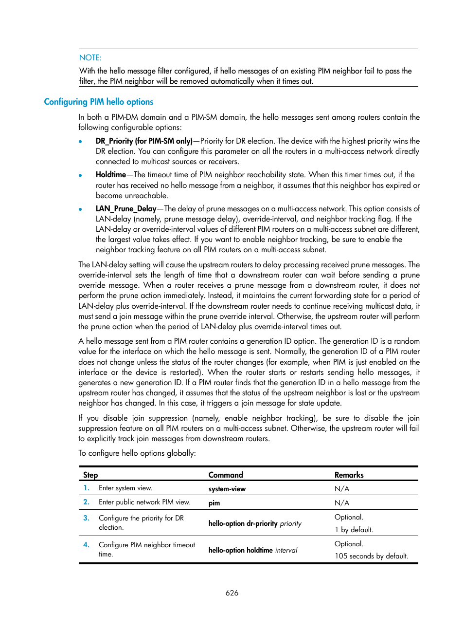 Configuring pim hello options | H3C Technologies H3C SecPath F1000-E User Manual | Page 651 / 967