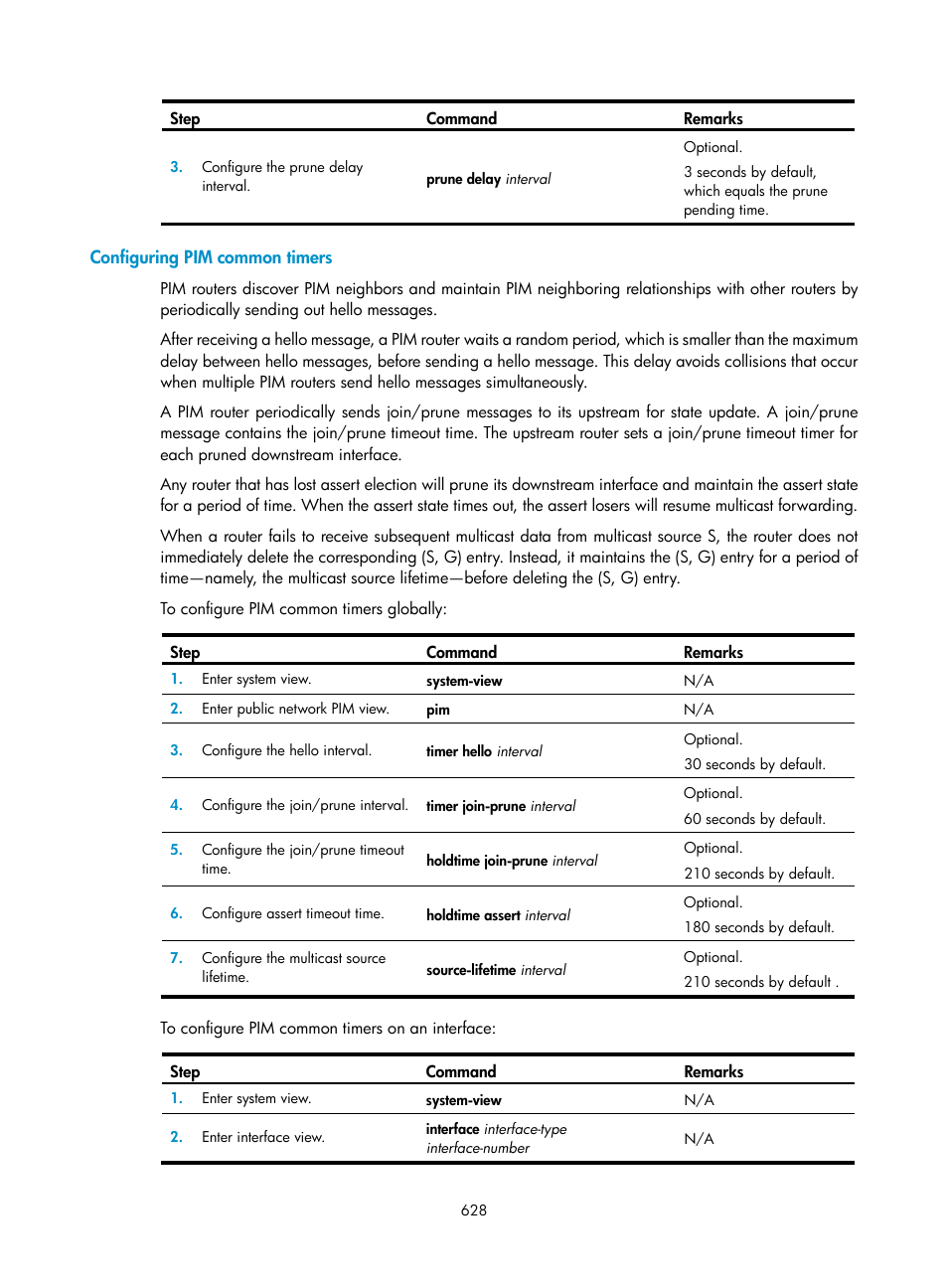 Configuring pim common timers, Configuring pim common, Timers | H3C Technologies H3C SecPath F1000-E User Manual | Page 653 / 967