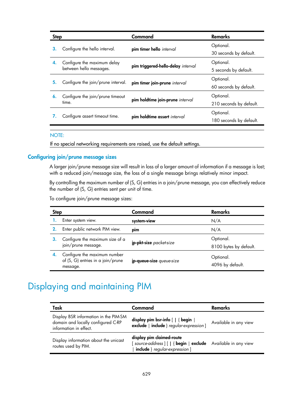 Configuring join/prune message sizes, Displaying and maintaining pim | H3C Technologies H3C SecPath F1000-E User Manual | Page 654 / 967