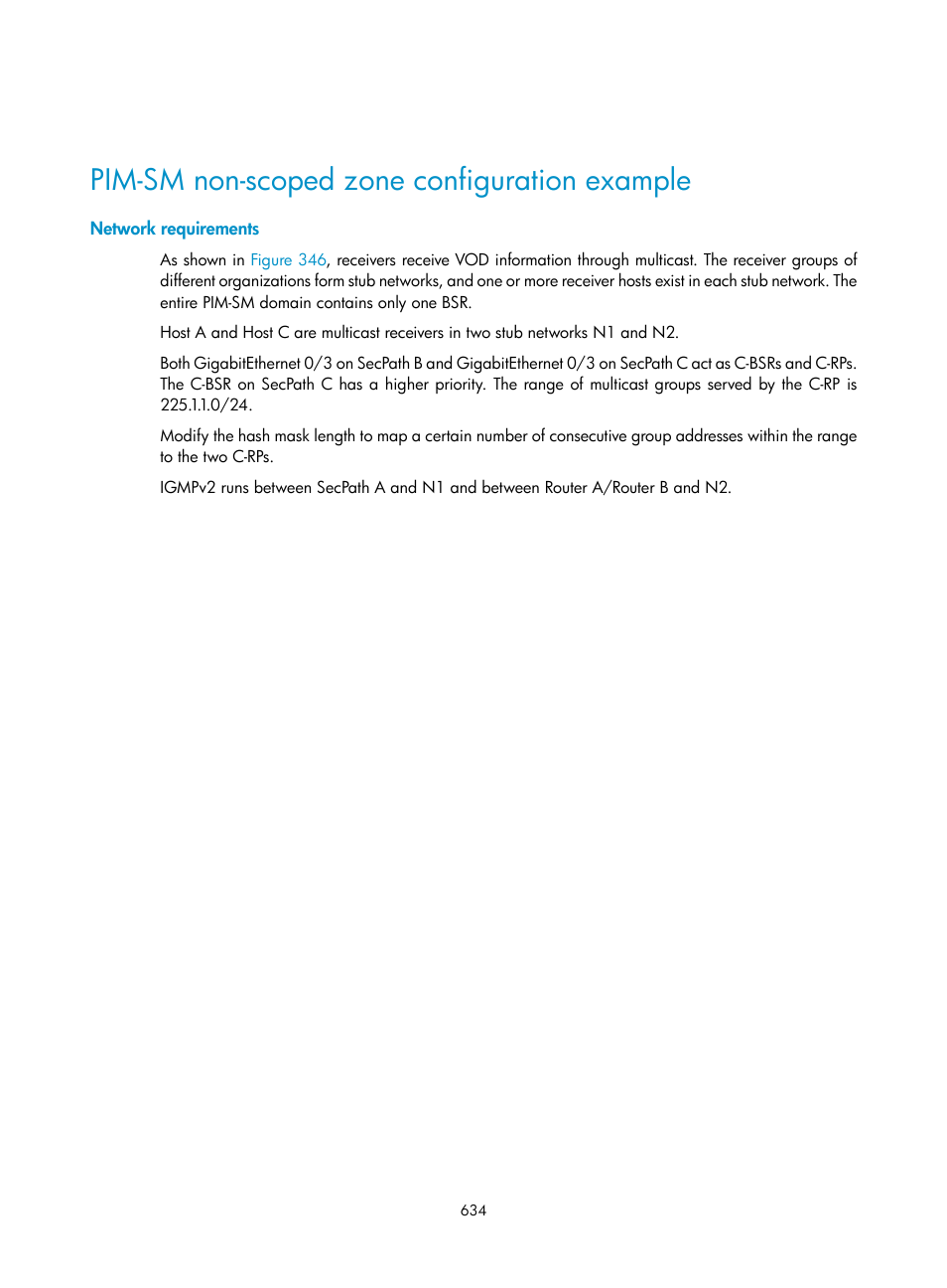 Pim-sm non-scoped zone configuration example, Network requirements | H3C Technologies H3C SecPath F1000-E User Manual | Page 659 / 967