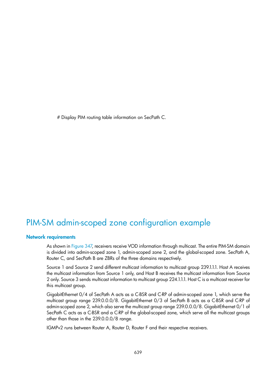 Pim-sm admin-scoped zone configuration example, Network requirements | H3C Technologies H3C SecPath F1000-E User Manual | Page 664 / 967