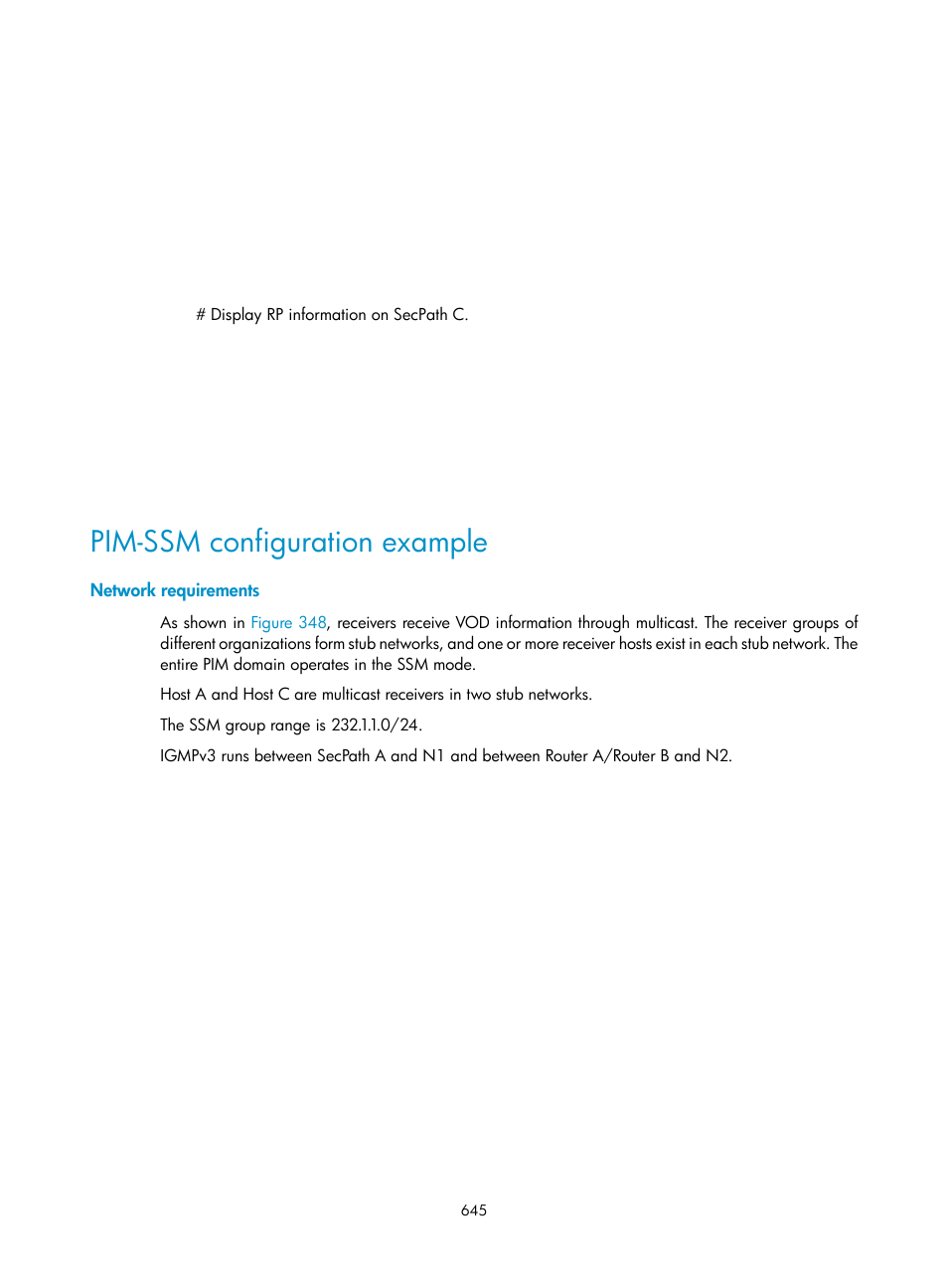 Pim-ssm configuration example, Network requirements | H3C Technologies H3C SecPath F1000-E User Manual | Page 670 / 967