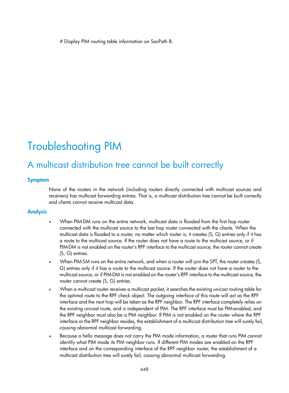 Troubleshooting pim, Symptom, Analysis | H3C Technologies H3C SecPath F1000-E User Manual | Page 673 / 967