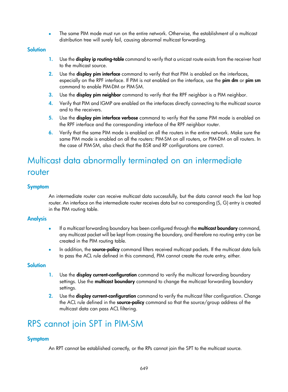 Solution, Symptom, Analysis | Rps cannot join spt in pim-sm | H3C Technologies H3C SecPath F1000-E User Manual | Page 674 / 967