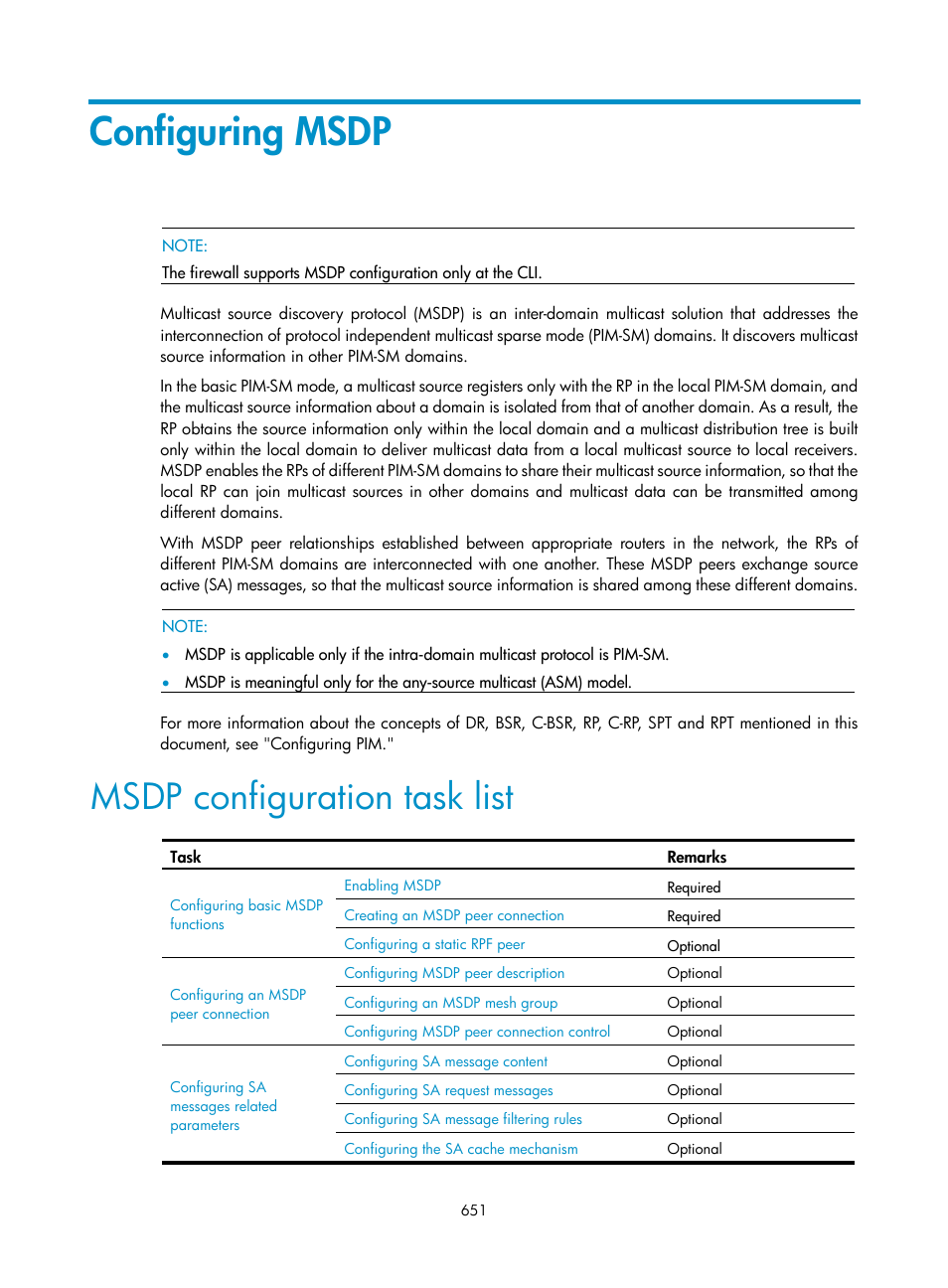 Configuring msdp, Msdp configuration task list | H3C Technologies H3C SecPath F1000-E User Manual | Page 676 / 967