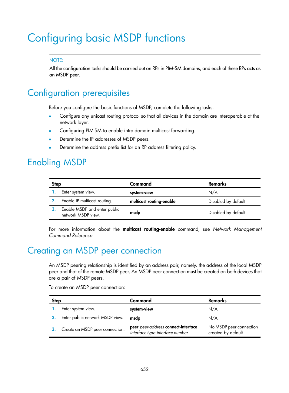 Configuring basic msdp functions, Configuration prerequisites, Enabling msdp | Creating an msdp peer connection | H3C Technologies H3C SecPath F1000-E User Manual | Page 677 / 967