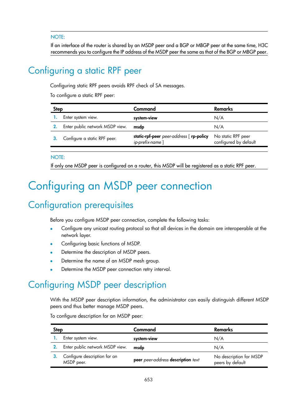 Configuring a static rpf peer, Configuring an msdp peer connection, Configuration prerequisites | Configuring msdp peer description | H3C Technologies H3C SecPath F1000-E User Manual | Page 678 / 967