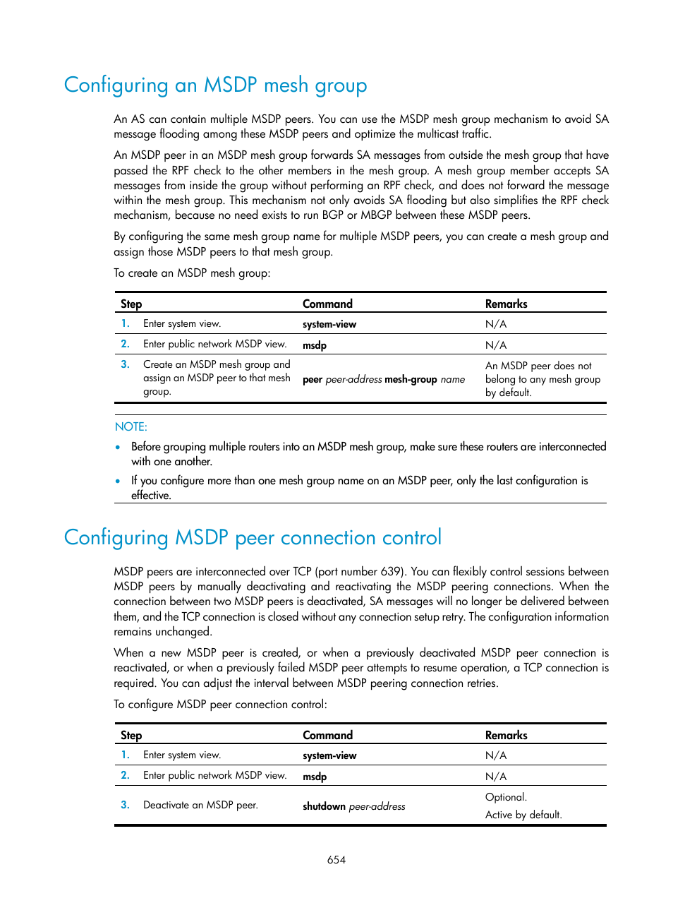 Configuring an msdp mesh group, Configuring msdp peer connection control | H3C Technologies H3C SecPath F1000-E User Manual | Page 679 / 967