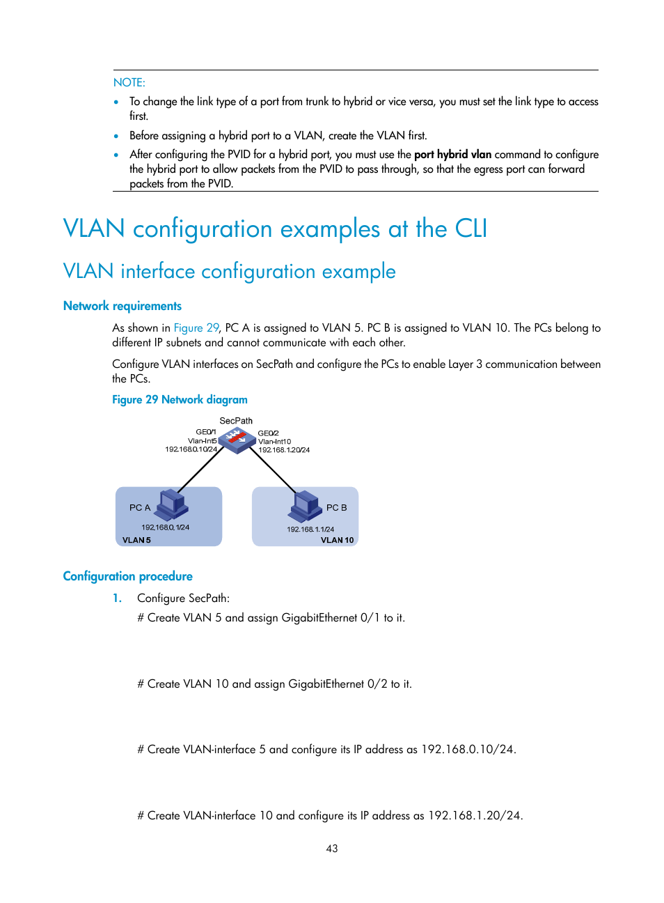 Vlan configuration examples at the cli, Vlan interface configuration example, Network requirements | Configuration procedure | H3C Technologies H3C SecPath F1000-E User Manual | Page 68 / 967