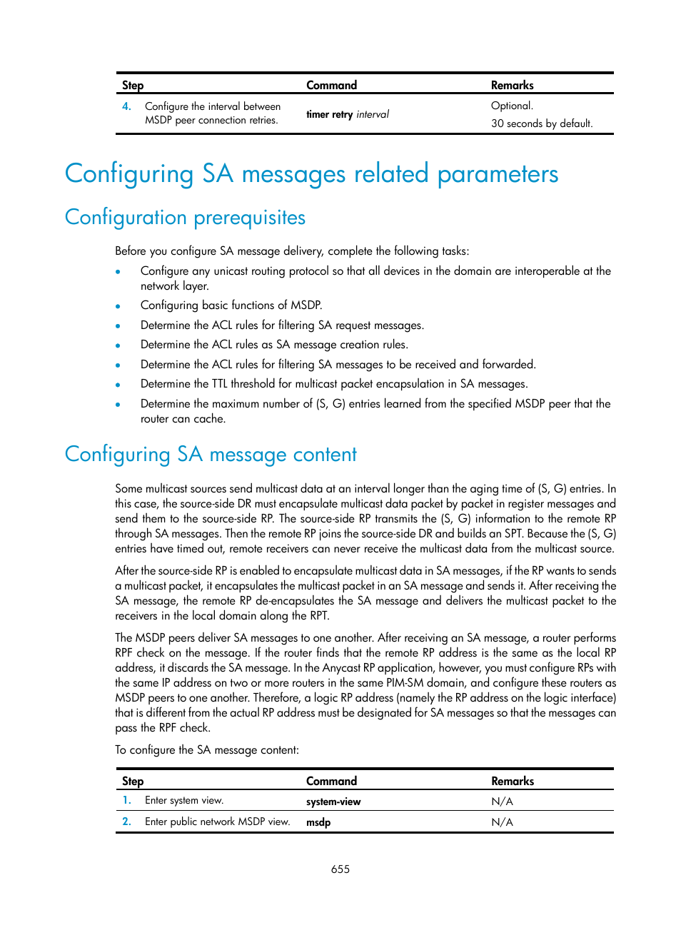 Configuring sa messages related parameters, Configuration prerequisites, Configuring sa message content | Configuring sa messages related, Parameters | H3C Technologies H3C SecPath F1000-E User Manual | Page 680 / 967