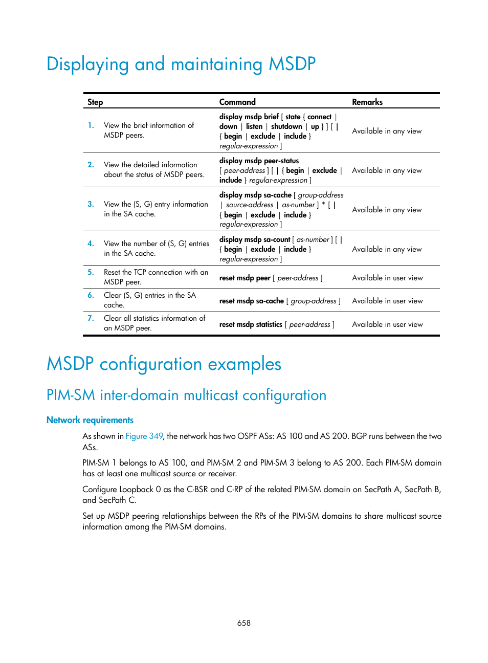 Displaying and maintaining msdp, Msdp configuration examples, Pim-sm inter-domain multicast configuration | Network requirements | H3C Technologies H3C SecPath F1000-E User Manual | Page 683 / 967