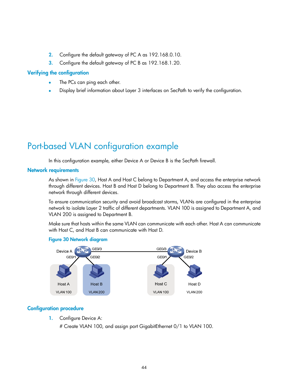 Verifying the configuration, Port-based vlan configuration example, Network requirements | Configuration procedure | H3C Technologies H3C SecPath F1000-E User Manual | Page 69 / 967