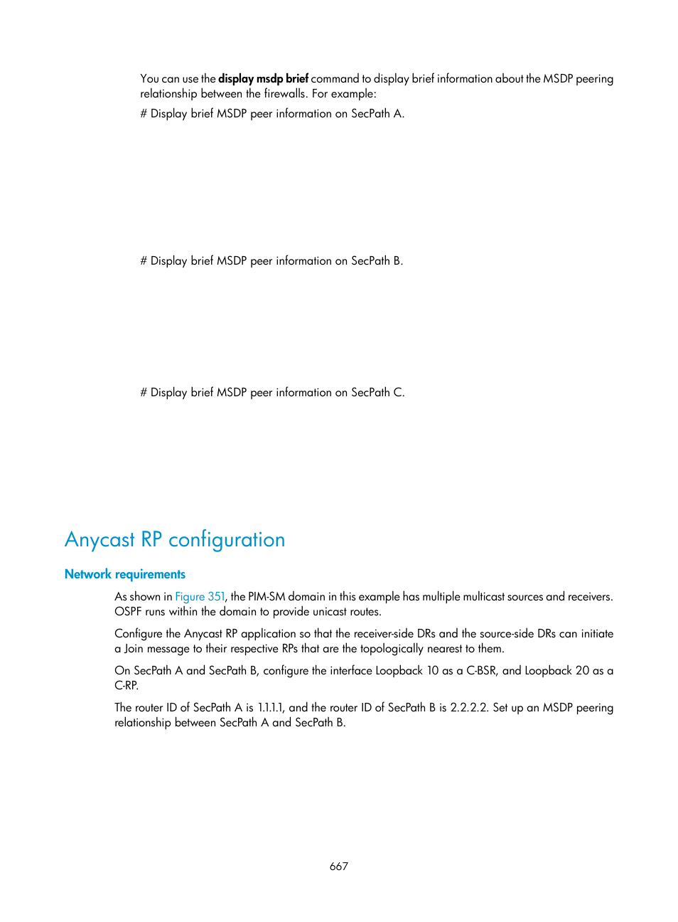 Anycast rp configuration, Network requirements | H3C Technologies H3C SecPath F1000-E User Manual | Page 692 / 967