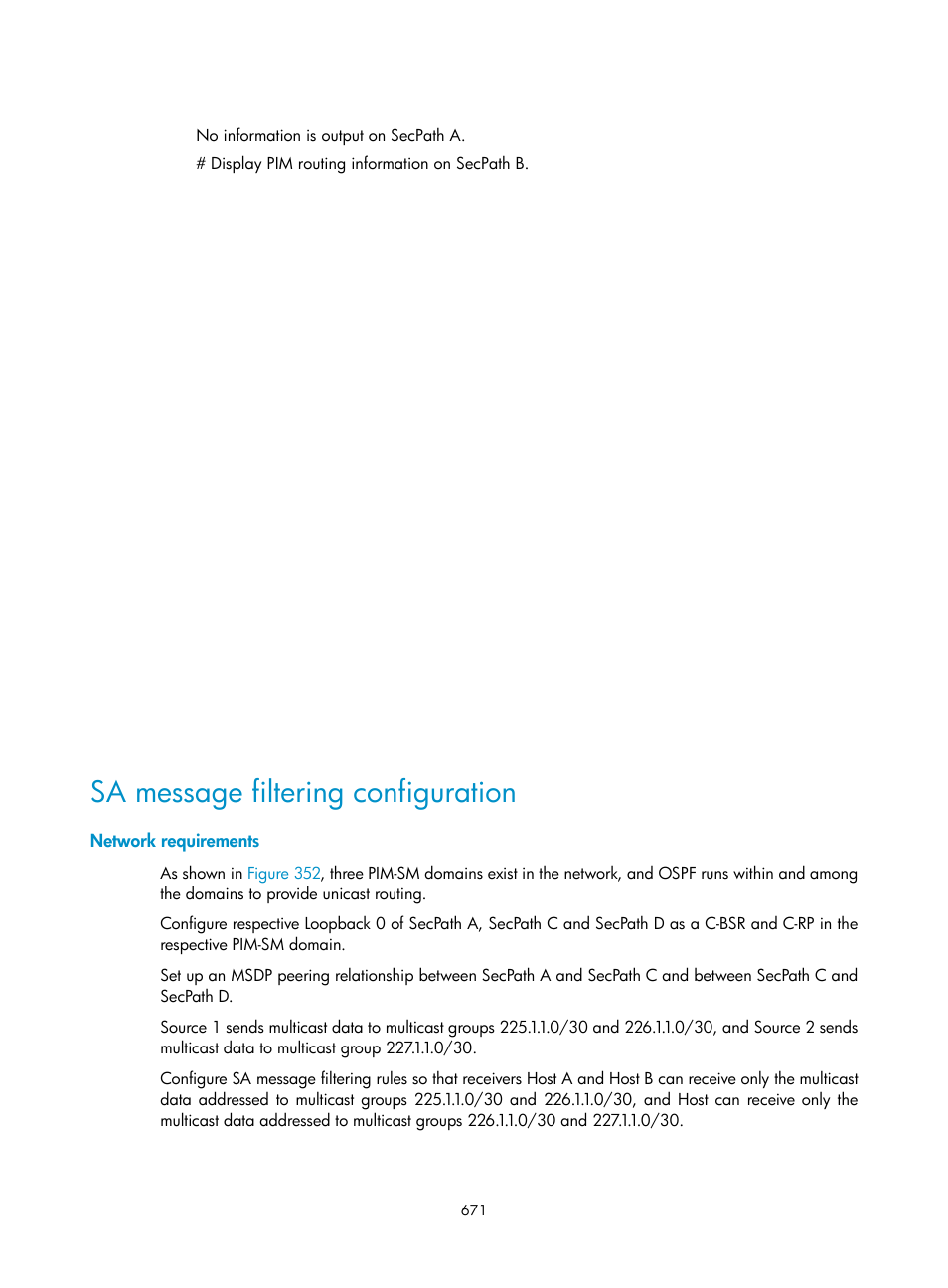 Sa message filtering configuration, Network requirements | H3C Technologies H3C SecPath F1000-E User Manual | Page 696 / 967