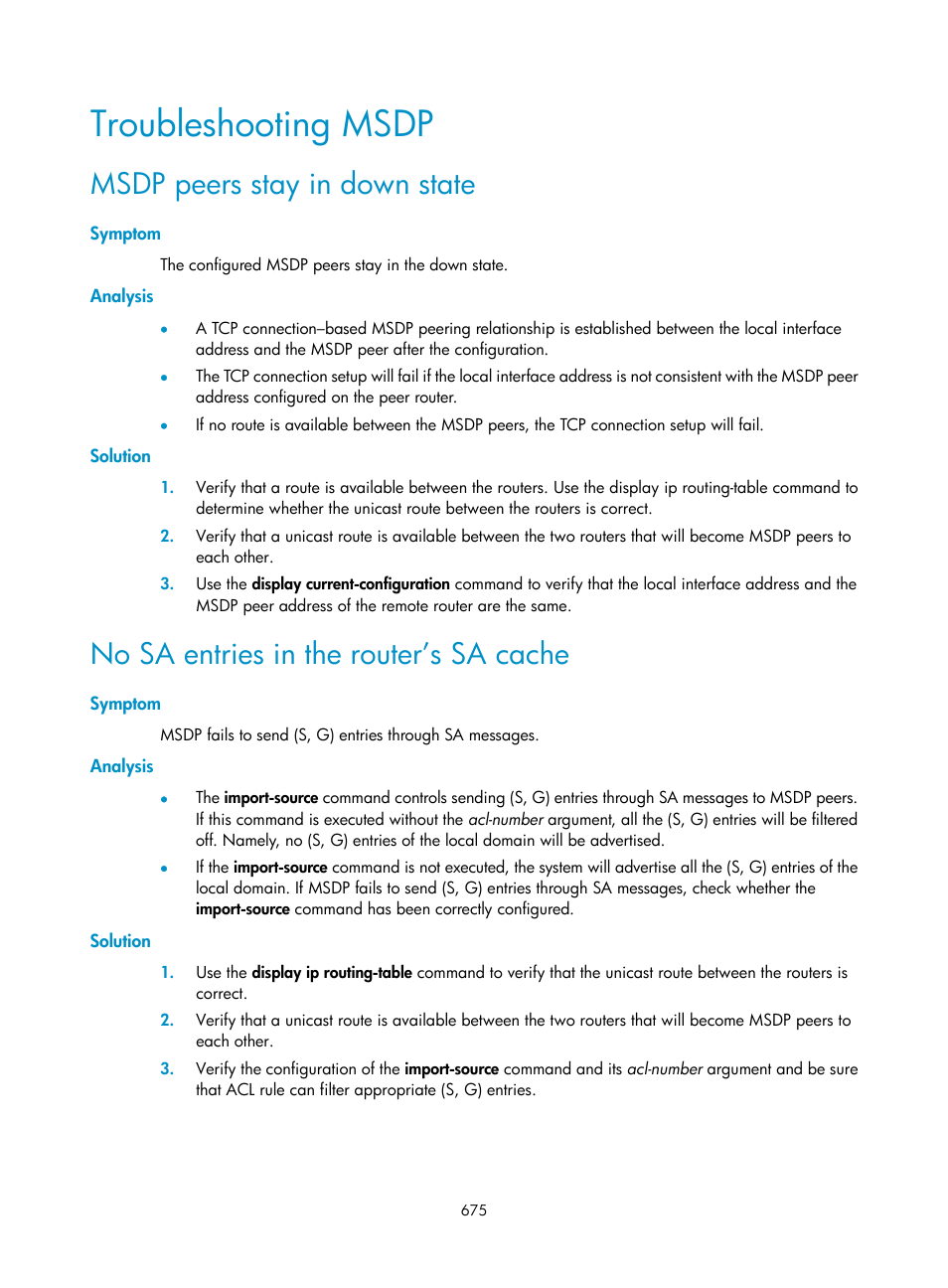 Troubleshooting msdp, Msdp peers stay in down state, Symptom | Analysis, Solution, No sa entries in the router’s sa cache | H3C Technologies H3C SecPath F1000-E User Manual | Page 700 / 967