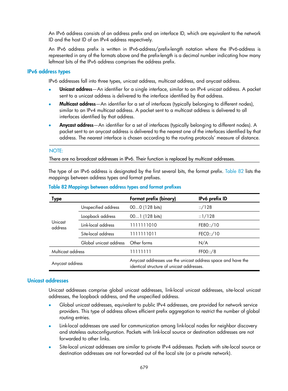 Ipv6 address types, Unicast addresses | H3C Technologies H3C SecPath F1000-E User Manual | Page 704 / 967