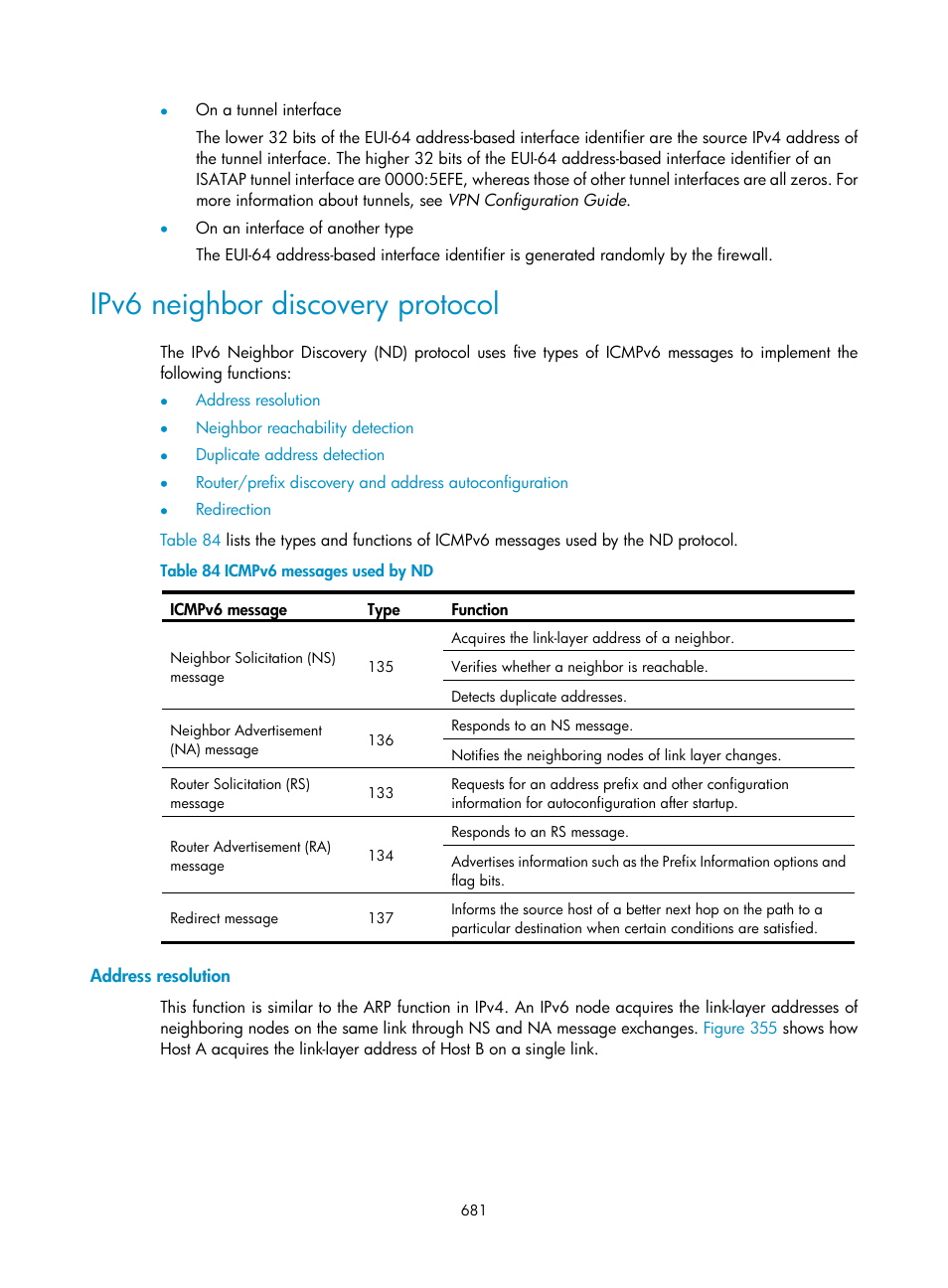 Ipv6 neighbor discovery protocol, Address resolution | H3C Technologies H3C SecPath F1000-E User Manual | Page 706 / 967