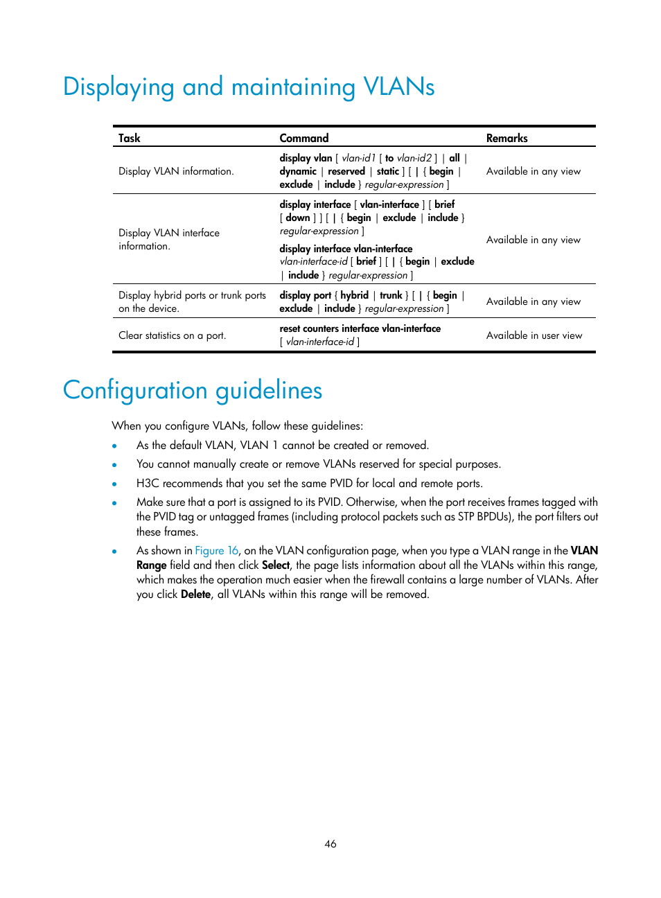 Displaying and maintaining vlans, Configuration guidelines | H3C Technologies H3C SecPath F1000-E User Manual | Page 71 / 967