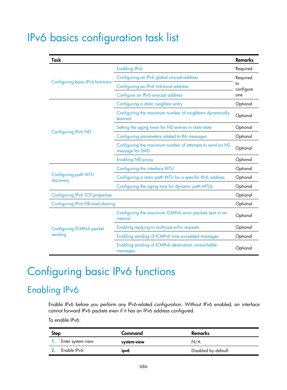 Ipv6 basics configuration task list, Configuring basic ipv6 functions, Enabling ipv6 | H3C Technologies H3C SecPath F1000-E User Manual | Page 711 / 967