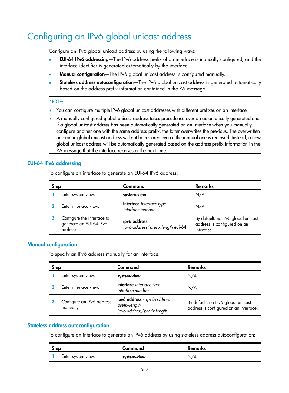 Configuring an ipv6 global unicast address, Eui-64 ipv6 addressing, Manual configuration | Stateless address autoconfiguration | H3C Technologies H3C SecPath F1000-E User Manual | Page 712 / 967