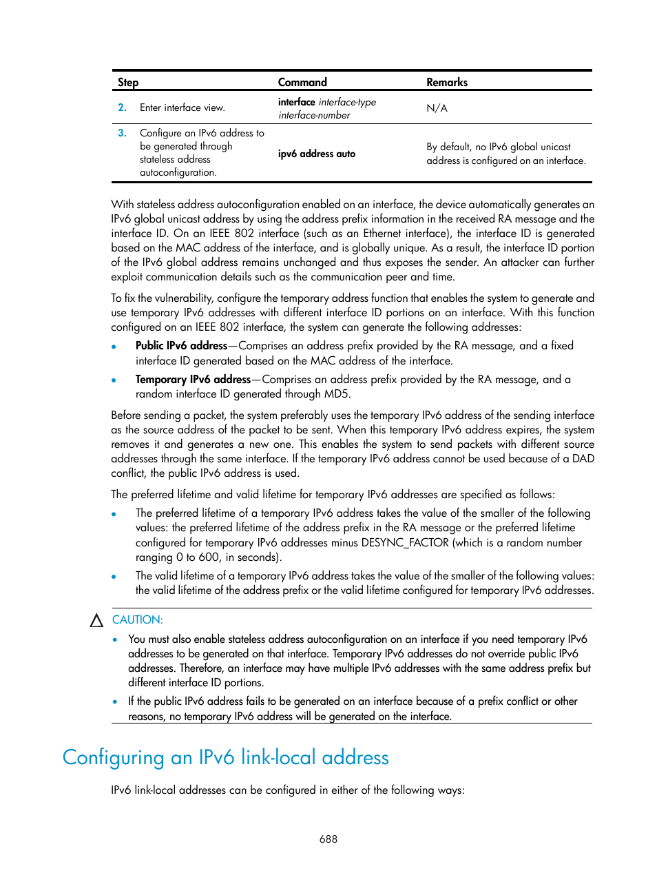 Configuring an ipv6 link-local address | H3C Technologies H3C SecPath F1000-E User Manual | Page 713 / 967