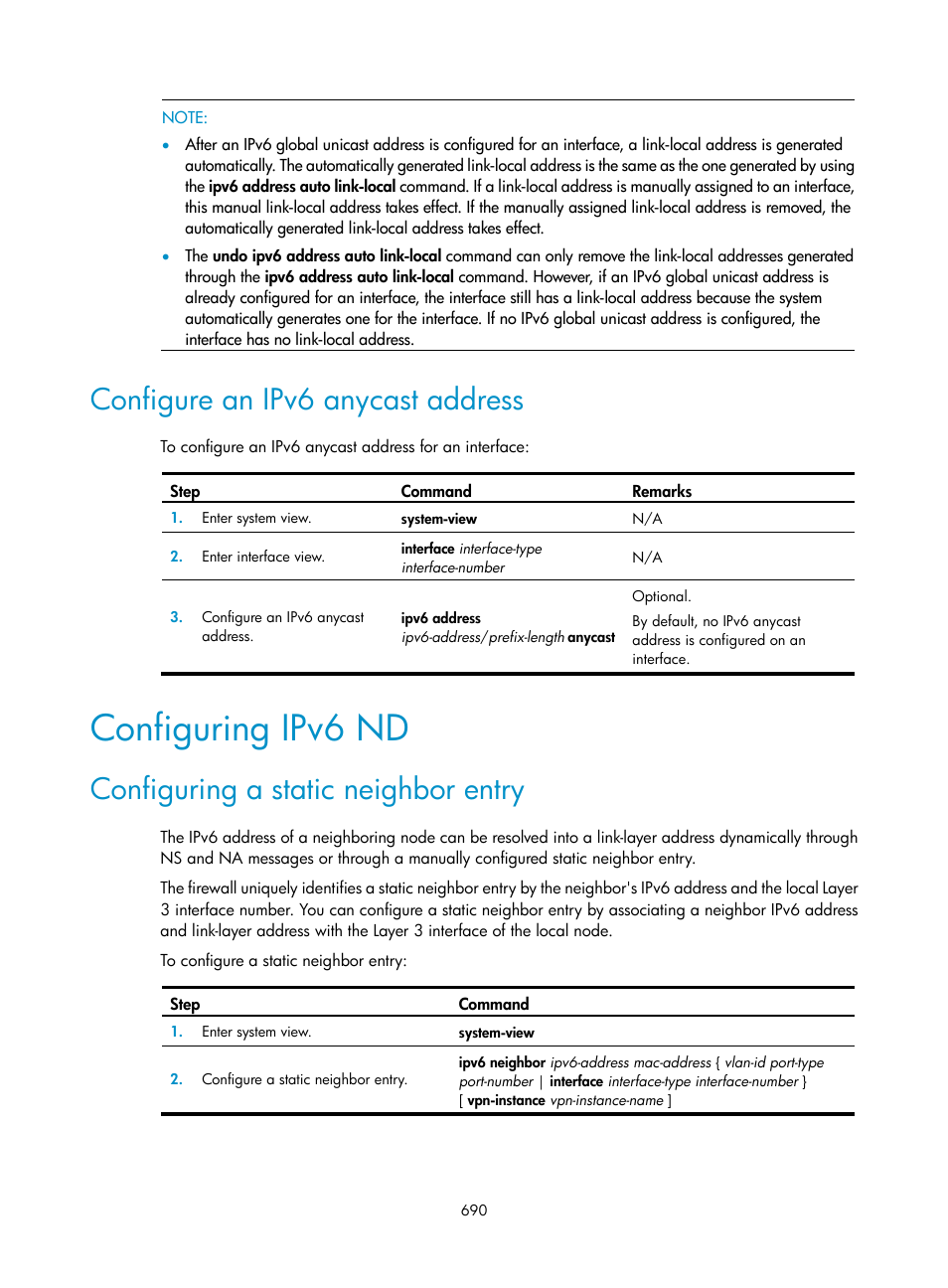 Configure an ipv6 anycast address, Configuring ipv6 nd, Configuring a static neighbor entry | H3C Technologies H3C SecPath F1000-E User Manual | Page 715 / 967