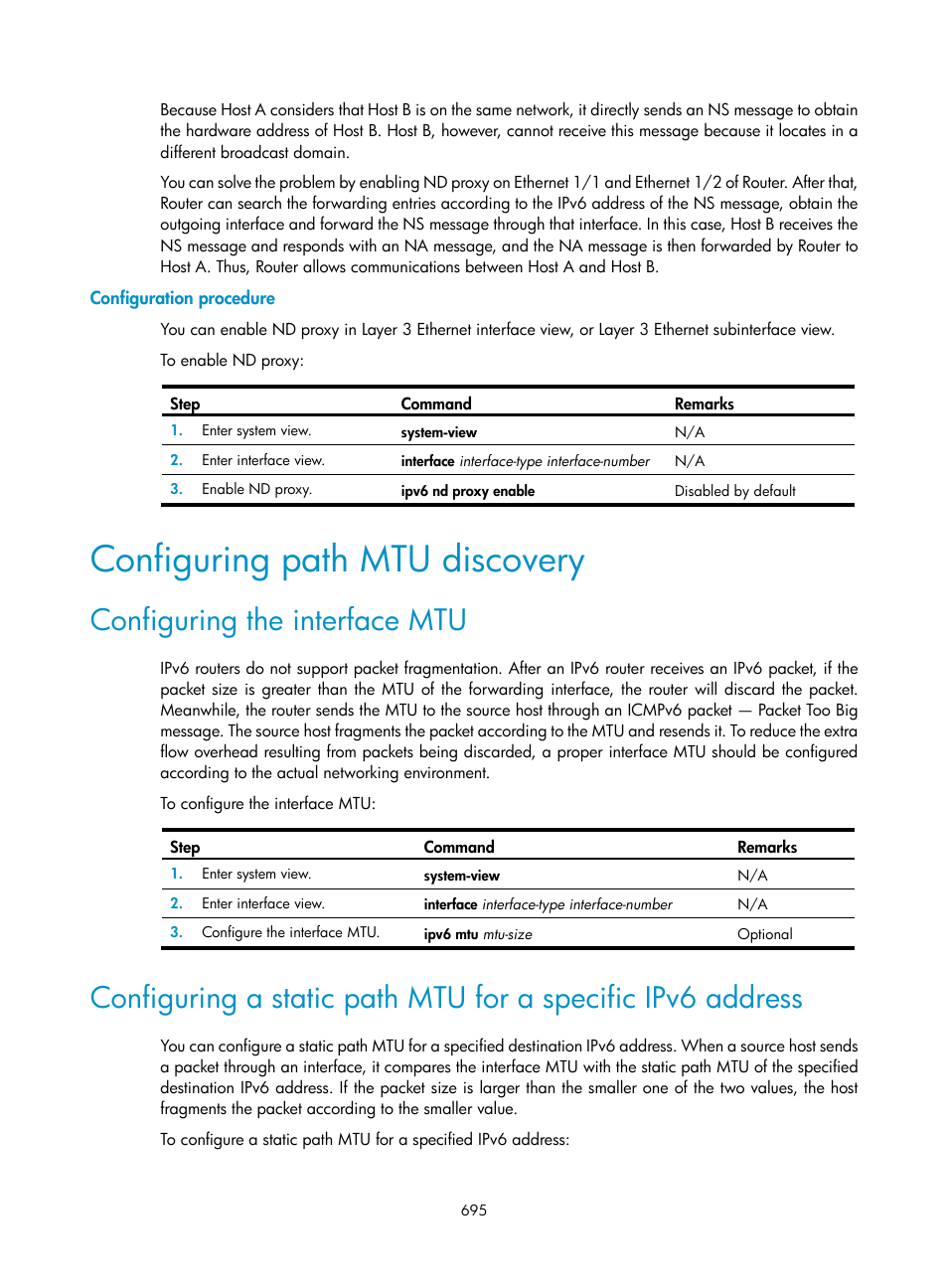 Configuration procedure, Configuring path mtu discovery, Configuring the interface mtu | H3C Technologies H3C SecPath F1000-E User Manual | Page 720 / 967