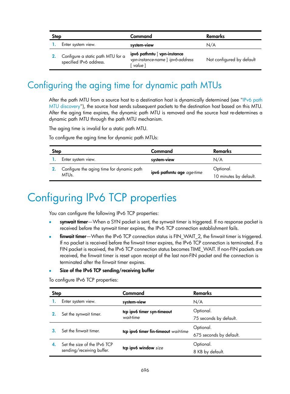 Configuring the aging time for dynamic path mtus, Configuring ipv6 tcp properties | H3C Technologies H3C SecPath F1000-E User Manual | Page 721 / 967