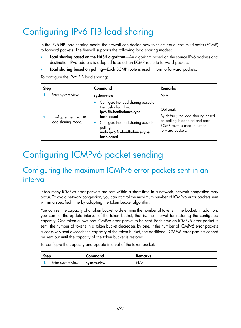 Configuring ipv6 fib load sharing, Configuring icmpv6 packet sending | H3C Technologies H3C SecPath F1000-E User Manual | Page 722 / 967