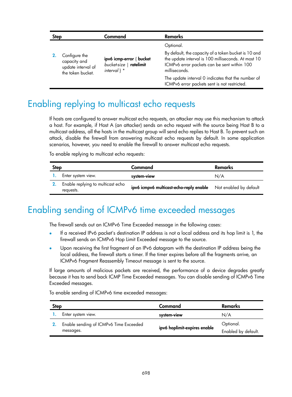 Enabling replying to multicast echo requests, Enabling sending of icmpv6 time exceeded messages | H3C Technologies H3C SecPath F1000-E User Manual | Page 723 / 967