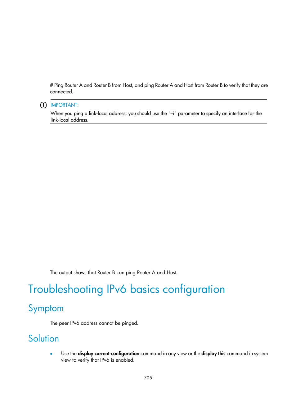 Troubleshooting ipv6 basics configuration, Symptom, Solution | H3C Technologies H3C SecPath F1000-E User Manual | Page 730 / 967