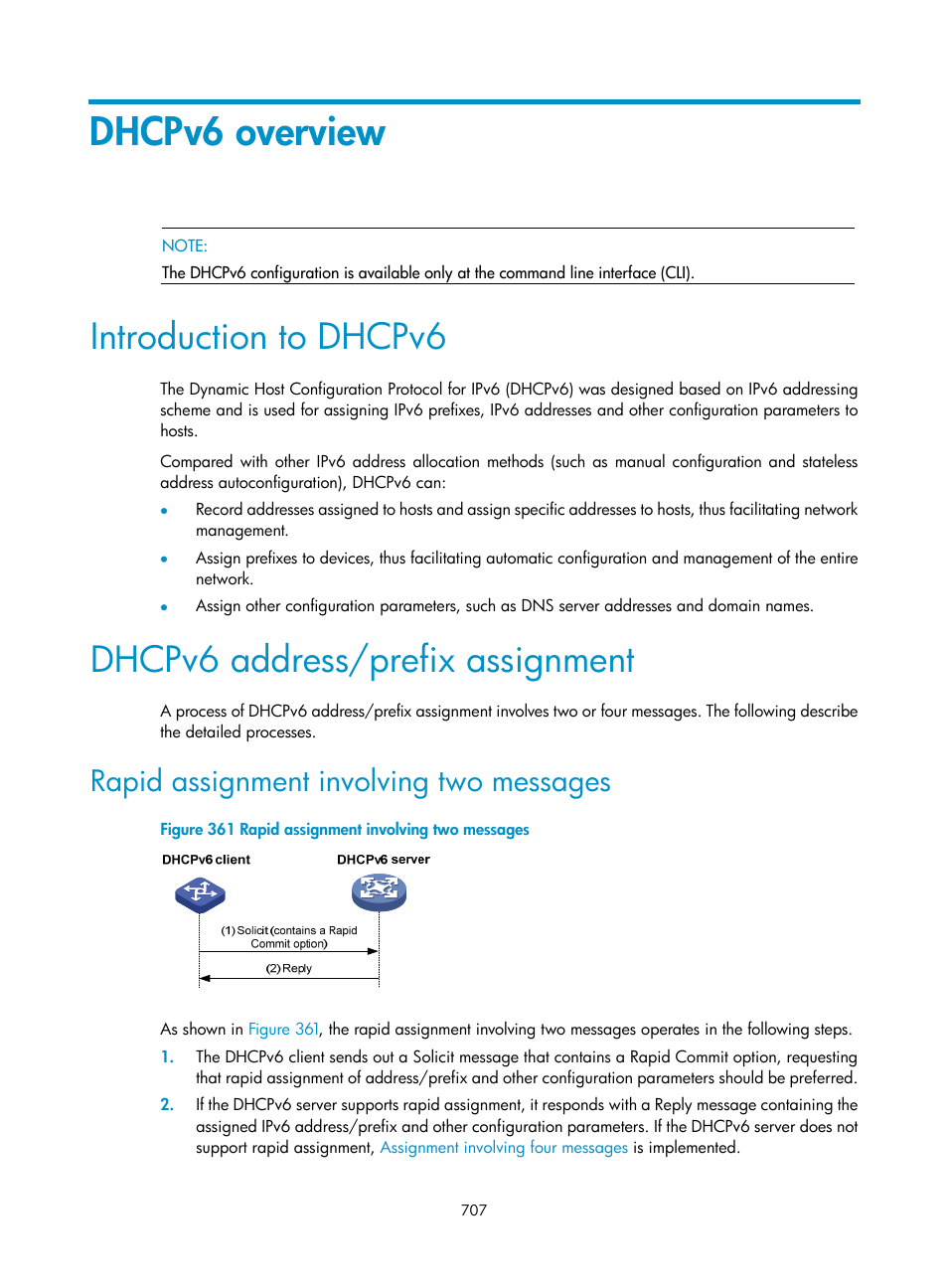 Dhcpv6 overview, Introduction to dhcpv6, Dhcpv6 address/prefix assignment | Rapid assignment involving two messages | H3C Technologies H3C SecPath F1000-E User Manual | Page 732 / 967