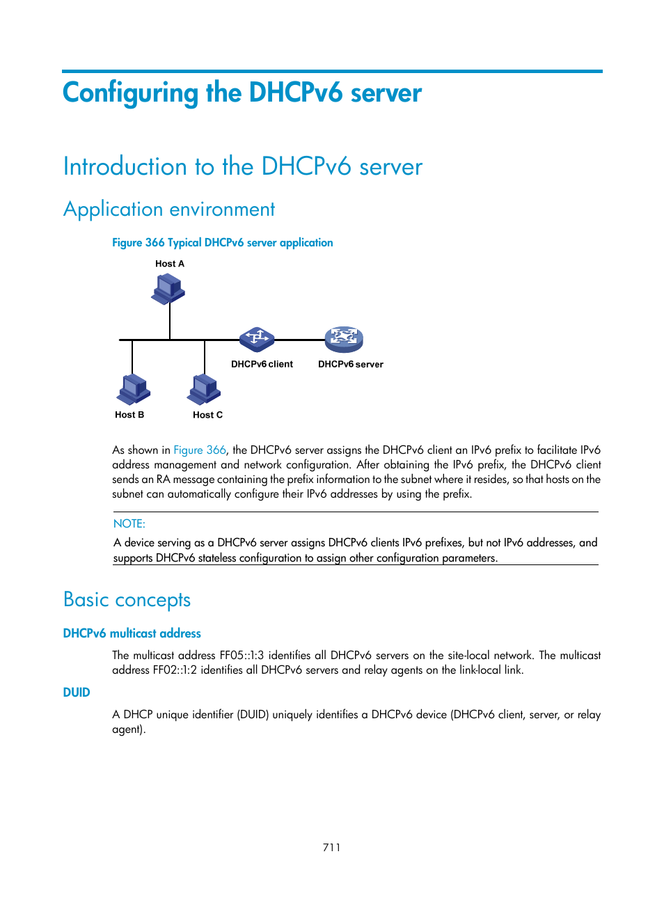 Configuring the dhcpv6 server, Introduction to the dhcpv6 server, Application environment | Basic concepts, Dhcpv6 multicast address, Duid | H3C Technologies H3C SecPath F1000-E User Manual | Page 736 / 967