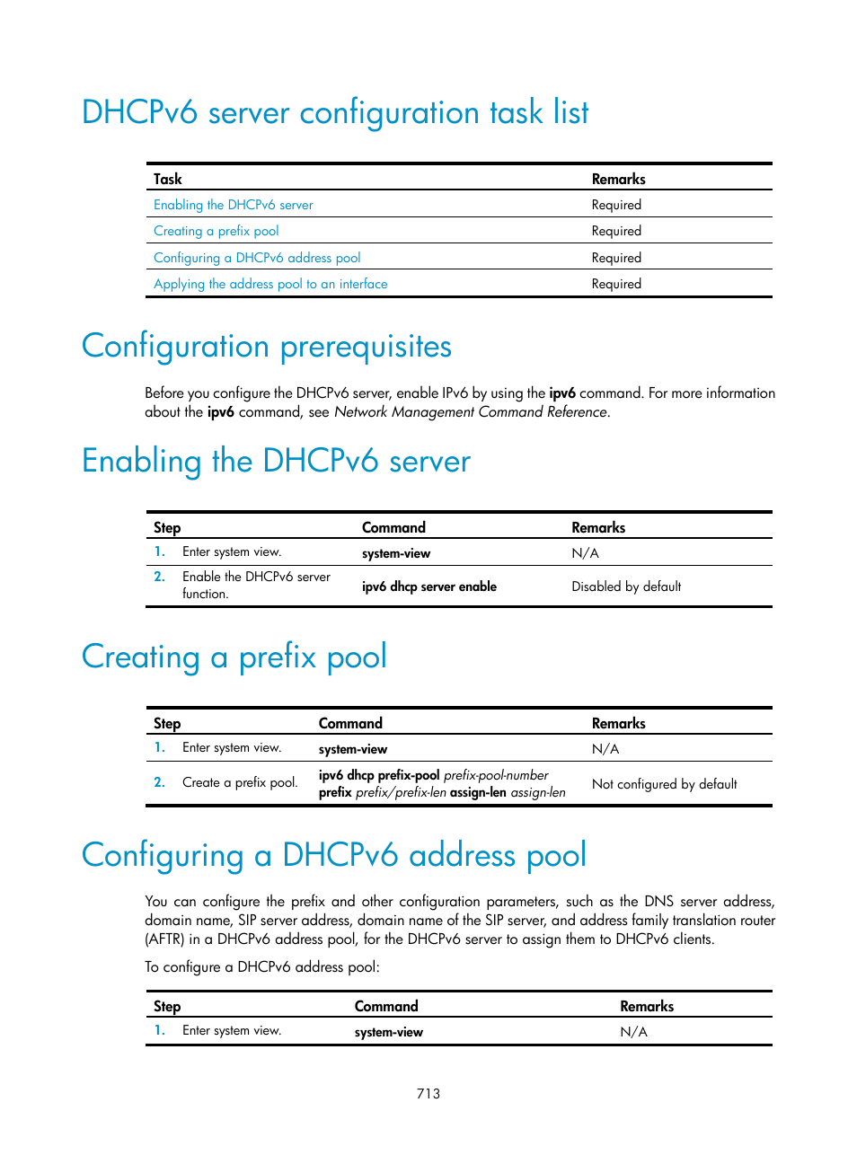 Dhcpv6 server configuration task list, Configuration prerequisites, Enabling the dhcpv6 server | Creating a prefix pool, Configuring a dhcpv6 address pool | H3C Technologies H3C SecPath F1000-E User Manual | Page 738 / 967