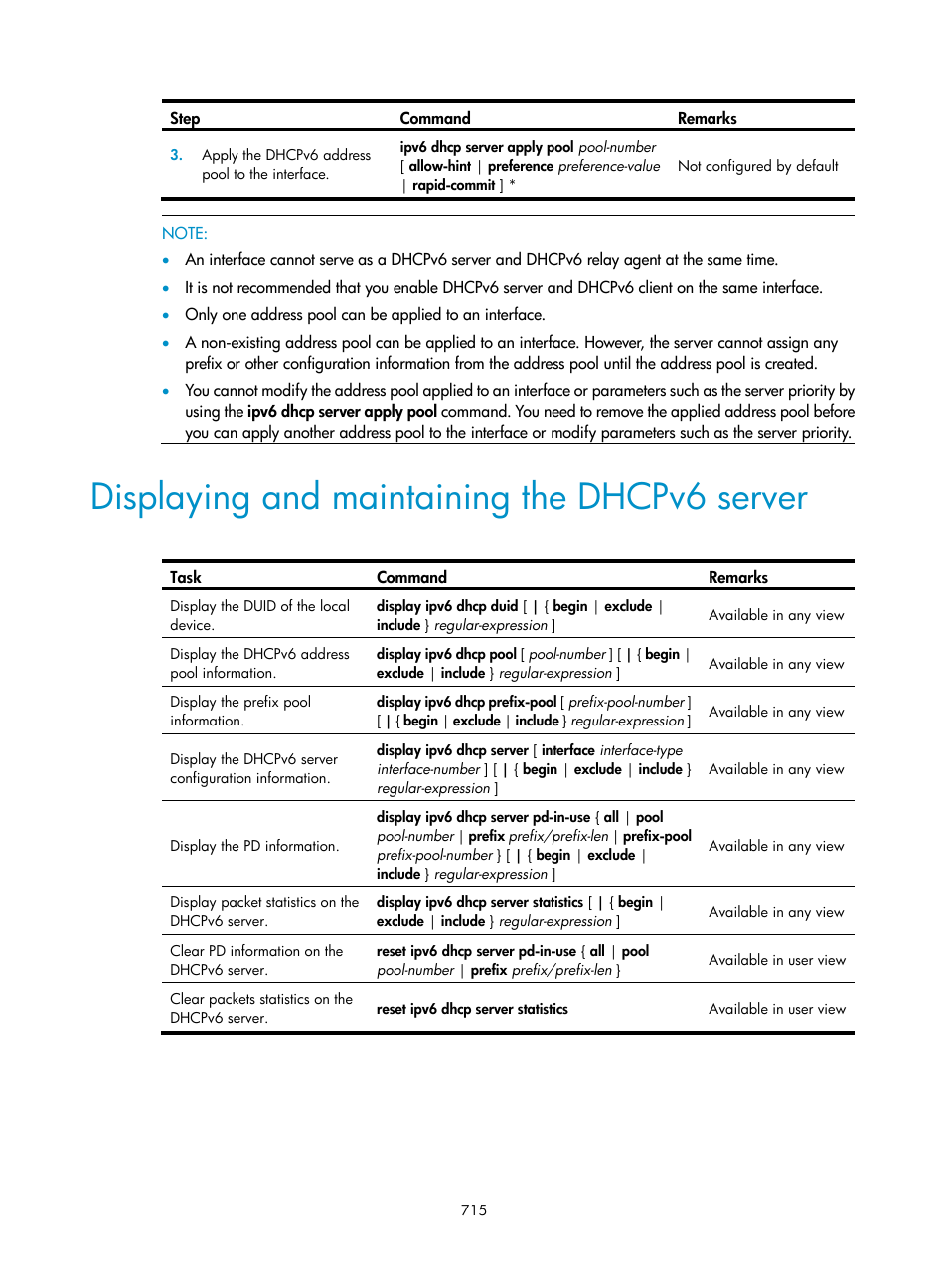 Displaying and maintaining the dhcpv6 server | H3C Technologies H3C SecPath F1000-E User Manual | Page 740 / 967