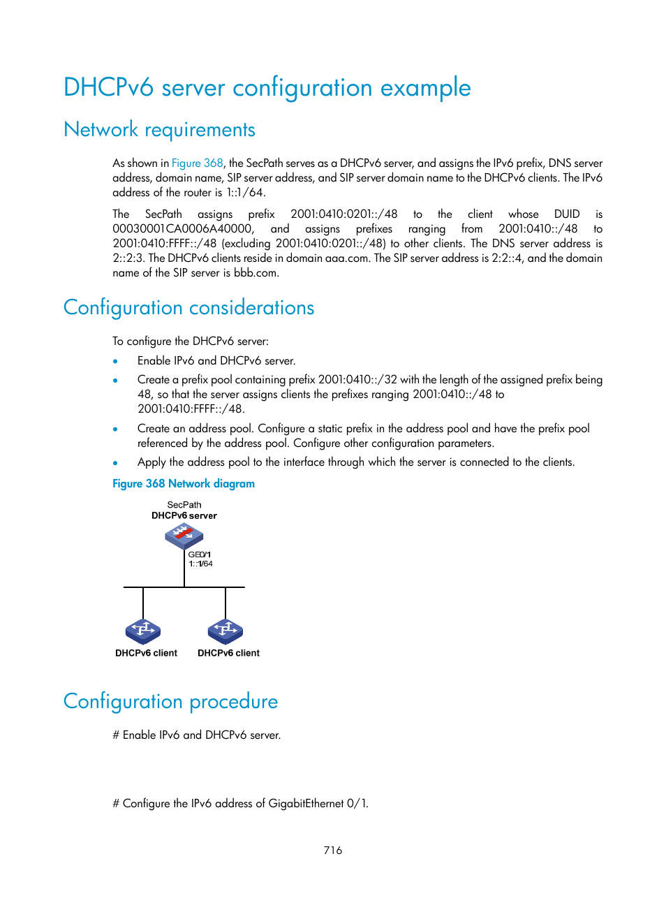 Dhcpv6 server configuration example, Network requirements, Configuration considerations | Configuration procedure | H3C Technologies H3C SecPath F1000-E User Manual | Page 741 / 967