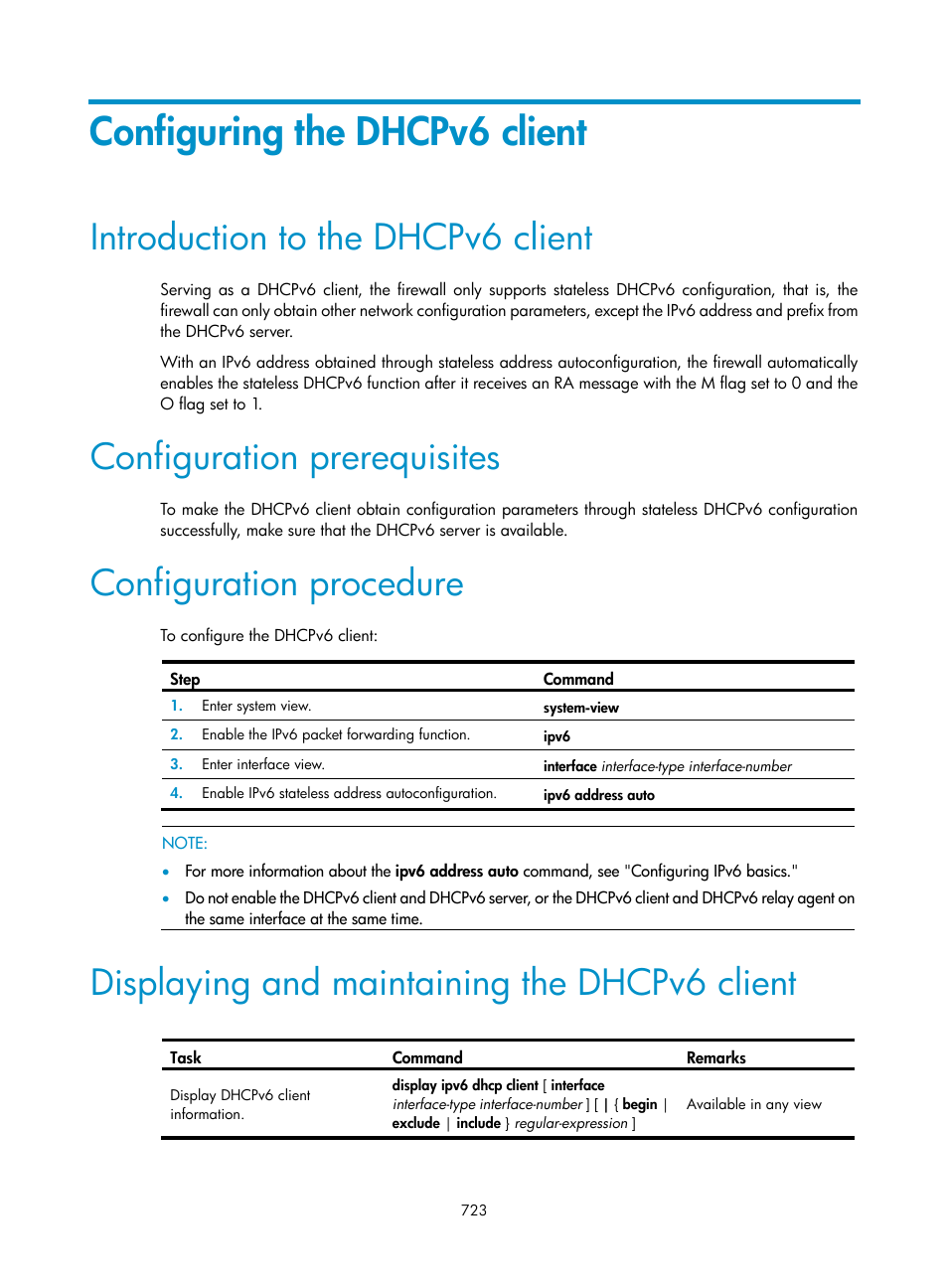 Configuring the dhcpv6 client, Introduction to the dhcpv6 client, Configuration prerequisites | Configuration procedure, Displaying and maintaining the dhcpv6 client | H3C Technologies H3C SecPath F1000-E User Manual | Page 748 / 967