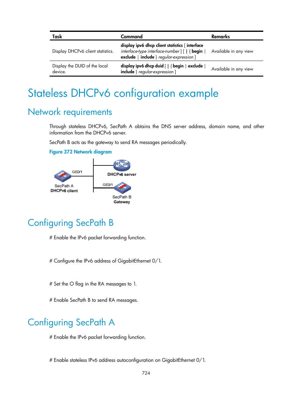 Stateless dhcpv6 configuration example, Network requirements, Configuring secpath b | Configuring secpath a | H3C Technologies H3C SecPath F1000-E User Manual | Page 749 / 967