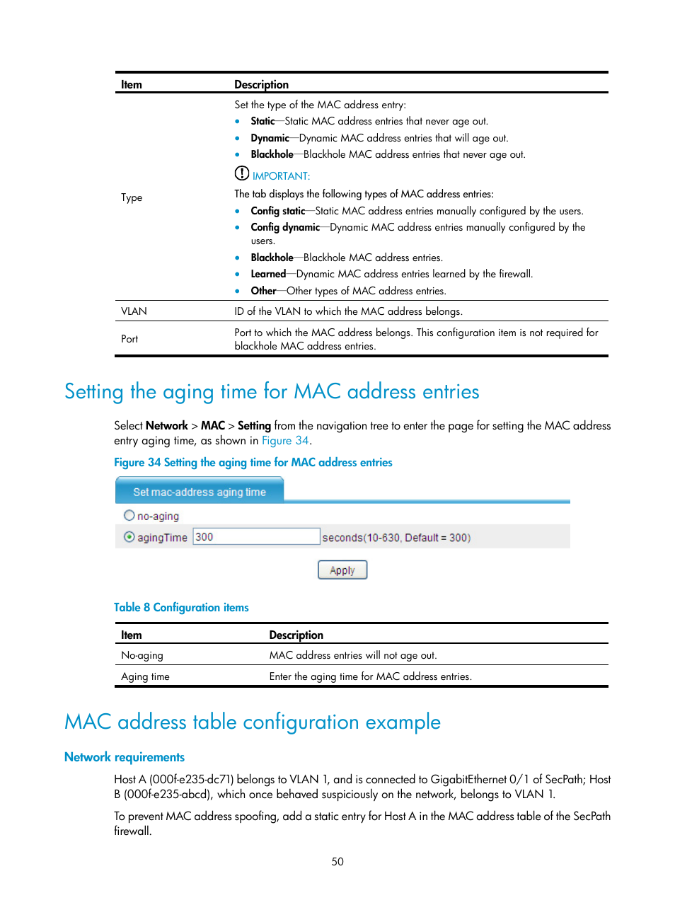 Setting the aging time for mac address entries, Mac address table configuration example, Network requirements | H3C Technologies H3C SecPath F1000-E User Manual | Page 75 / 967