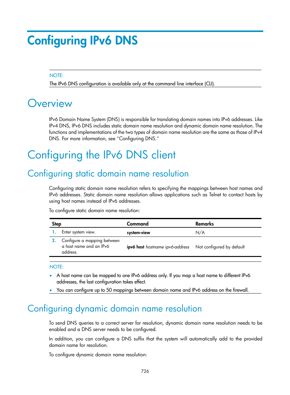 Configuring ipv6 dns, Overview, Configuring the ipv6 dns client | Configuring static domain name resolution, Configuring dynamic domain name resolution | H3C Technologies H3C SecPath F1000-E User Manual | Page 751 / 967