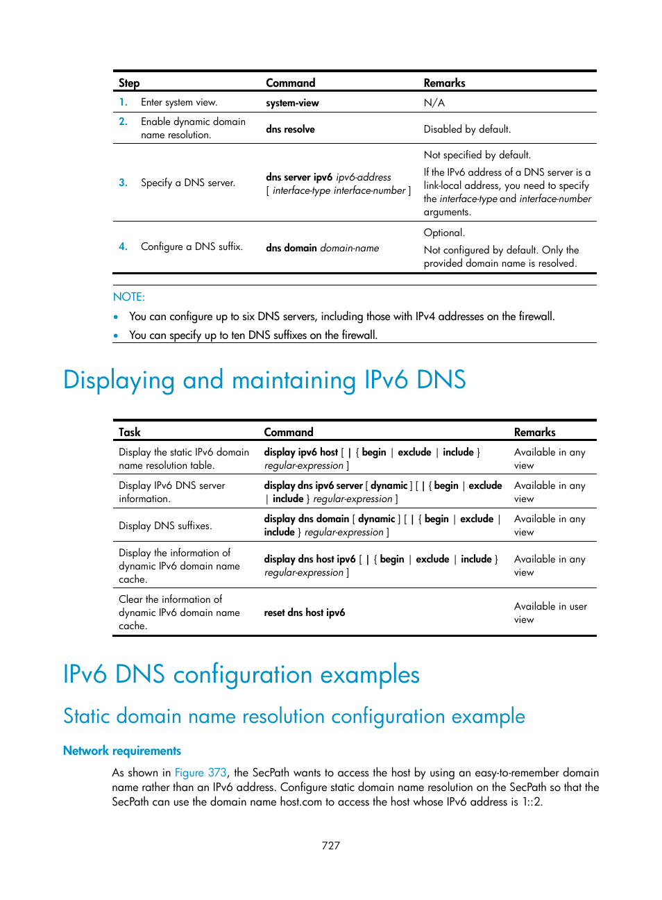 Displaying and maintaining ipv6 dns, Ipv6 dns configuration examples, Network requirements | H3C Technologies H3C SecPath F1000-E User Manual | Page 752 / 967