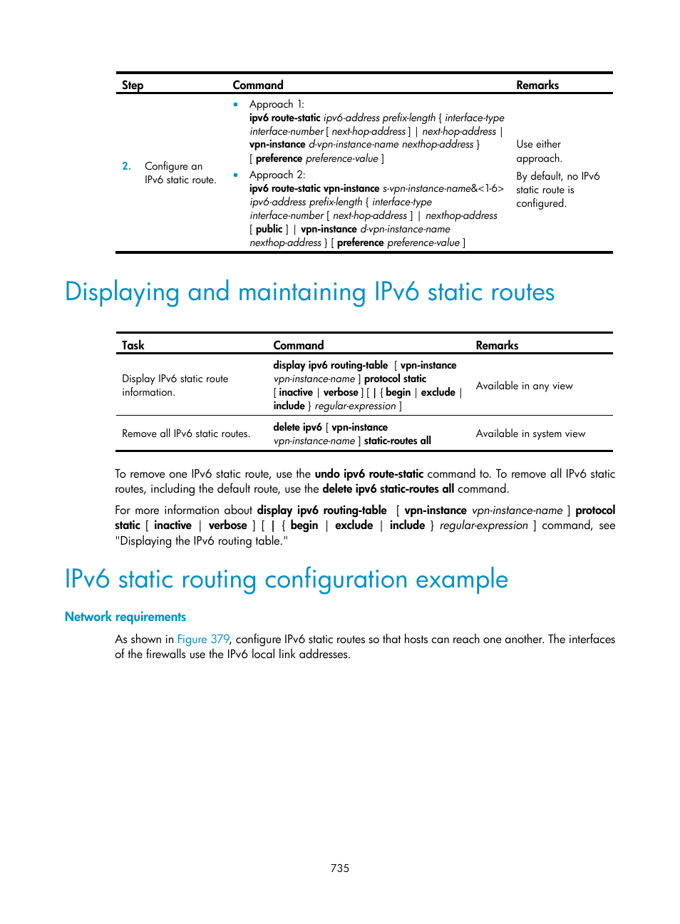 Displaying and maintaining ipv6 static routes, Ipv6 static routing configuration example, Network requirements | H3C Technologies H3C SecPath F1000-E User Manual | Page 760 / 967