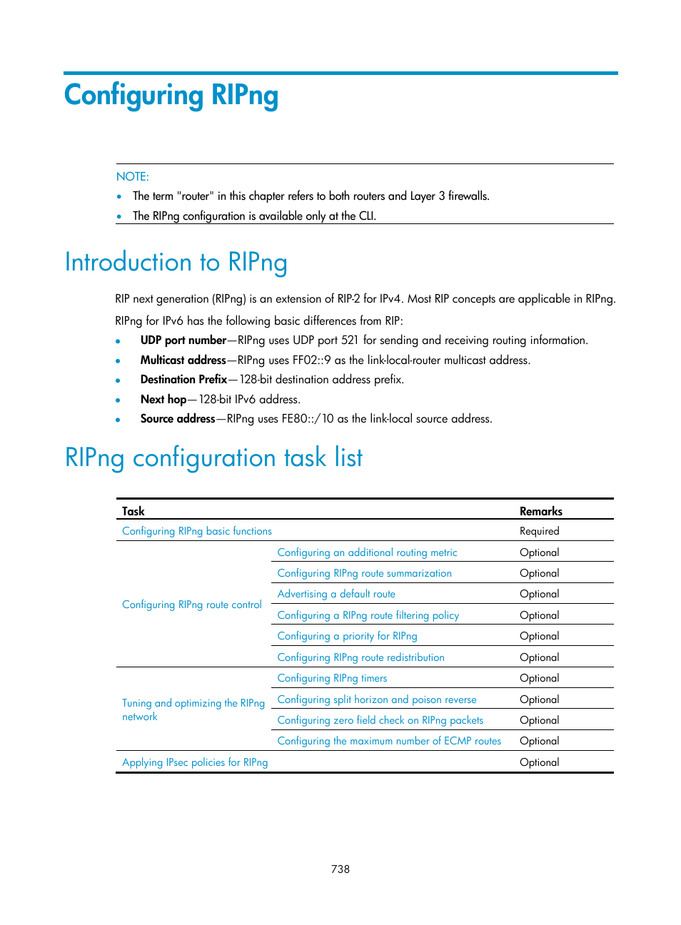 Configuring ripng, Introduction to ripng, Ripng configuration task list | H3C Technologies H3C SecPath F1000-E User Manual | Page 763 / 967